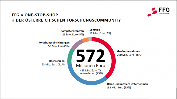 Aufteilung der FFG Förderungen 2020 nach Organisationstypen: 572 Mio. Euro gesamt, davon 38% an Großunternehmen, 35% an KMU, 11% an Hochschulen, 9% an Forschungseinrichtungen, 5% an Kompetenzzentren