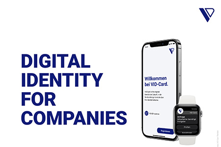 Ein Smartphone und eine Smartwatch. Text: Digital Identity for Companies. Foto: VID international