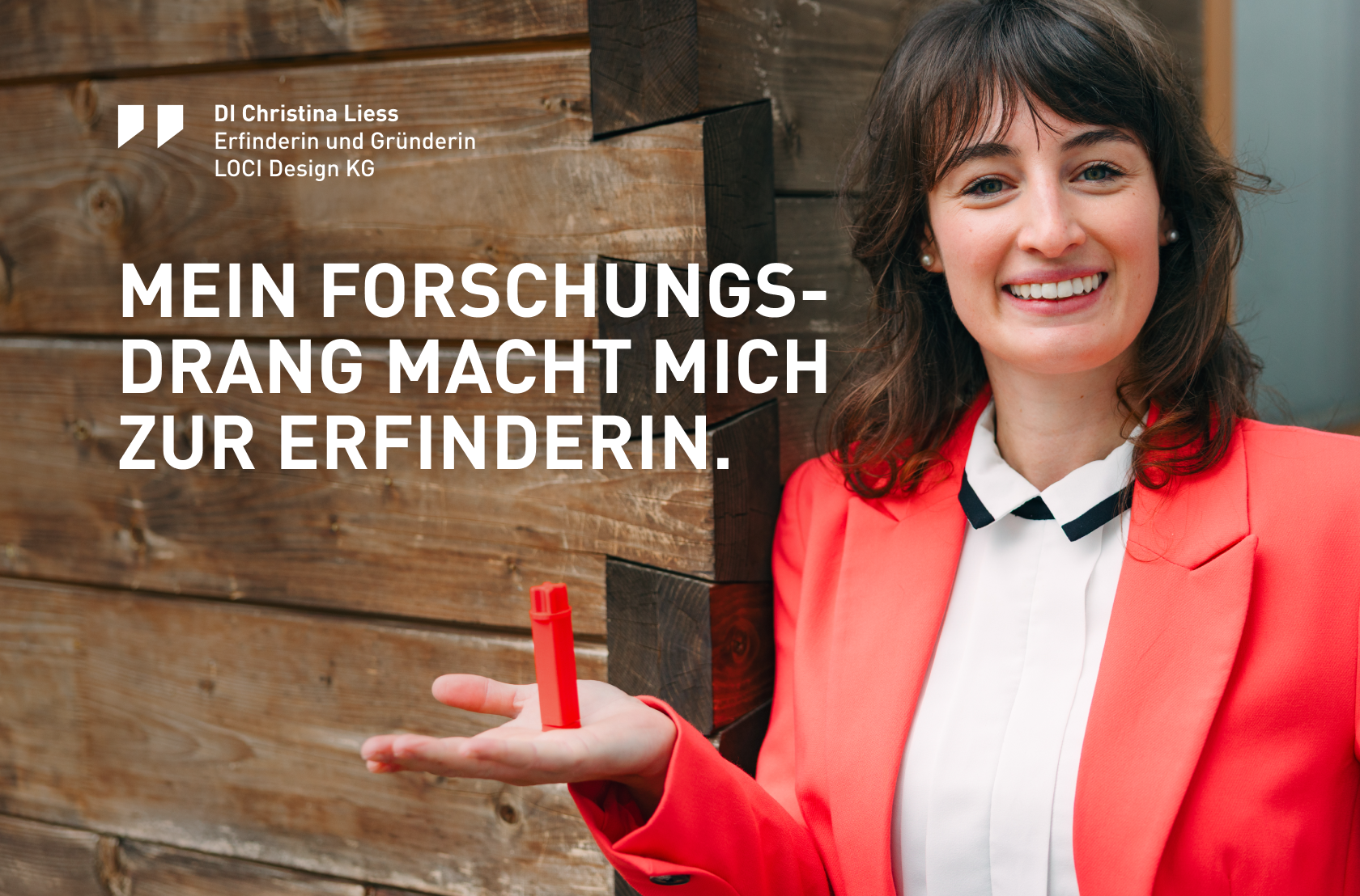 Portrait von Christina Liess mit Zitat: "Mein Forschungsdrang macht mich zur Erfinderin."