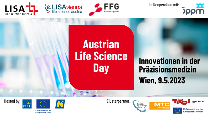Die Abbildung ist ein Banner für den Austrian Life Science Day am 9. Mai 2023 mit allen Partnerlogos.