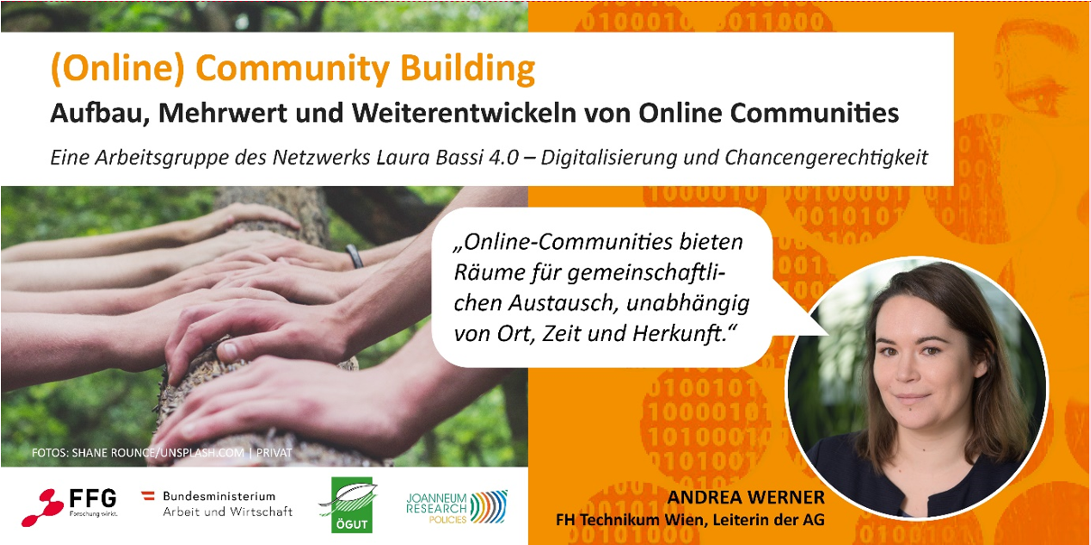 © Shane Rounce/Unsplash.com/Privat Sujet der Arbeitsgruppe „(Online) Community Building“ und ein Portraitfoto der Arbeitsgruppen-Leiterin Andrea Werner. Sie sagt: „Online-Communities bieten Räume für gemeinschaftlichen Austausch, unabhängig von Ort, Zeit und Herkunft“