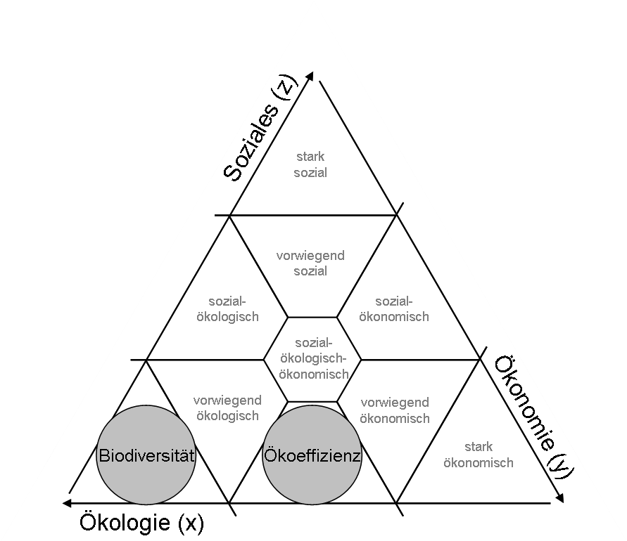 Dreieckige Grafik, die das Verhältnis zwischen Ökologie, Sozialem und Ökonomie darstellt