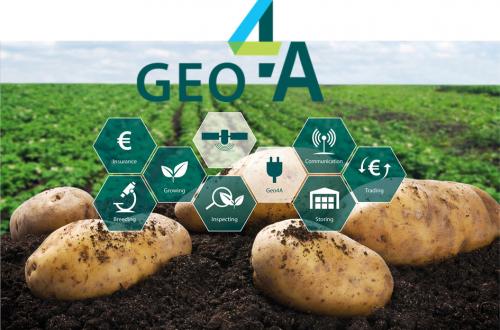 Kartoffeln auf einem Feld. Darüber Symbole mit Bezug zur Landwirtschaft. Foto: GeoVille/Geo4a