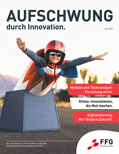 Titelbild des Jahresberichts 2019 der FFG. Text: Aufschwung durch Innovation. Bild mit kleinem Bub in einer Spielzeug-Rakete