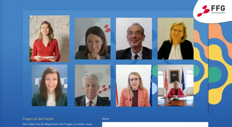 Henrietta Egerth und Klaus Pseiner (FFG), BM Heinz Faßmann, BM Leonore Gewessler, EU-Kommissarin Mariya Gabriel, BM Margarete Schramböck, BM Klaudia Tanner. Screenshot