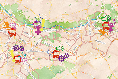 Gezeichnete Landkarte der Region Carnuntum mit Straßennehmen und gezeichneten Symbolen (Buse, Liegestühle, Sterne, Lautsprecher, Rufzeichen). Foto: RLC	