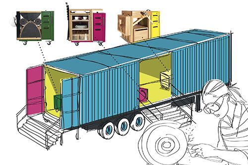 Zeichung eines LKW Containers und einer Handwerkerin. Foto: Rene Strasser/TASKA