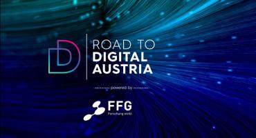 Titelbild der Sendung. Abstrakte Computergrafik mit FFG-Logo und Schriftzug Road to digital Austria