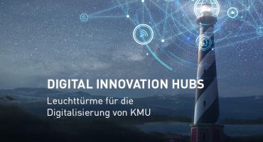 Leuchtturm vor einem Sternenhimmel. Text: Digital Innovation Hubs - Leuchttürme für die Digitalisierung von KMU