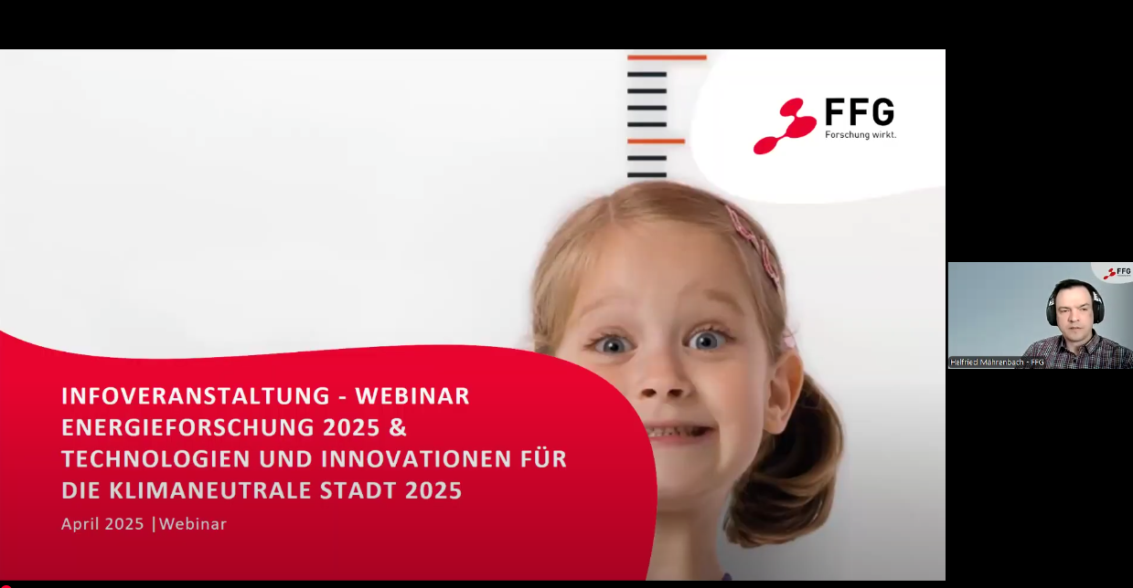 Screenshot eines FFG-Webinars zum Thema „Energieforschung 2025 und klimaneutrale Stadt“, mit einem Kind im Vordergrund und dem Moderator Heinfried Mehrenbach in einem kleinen Videofenster.