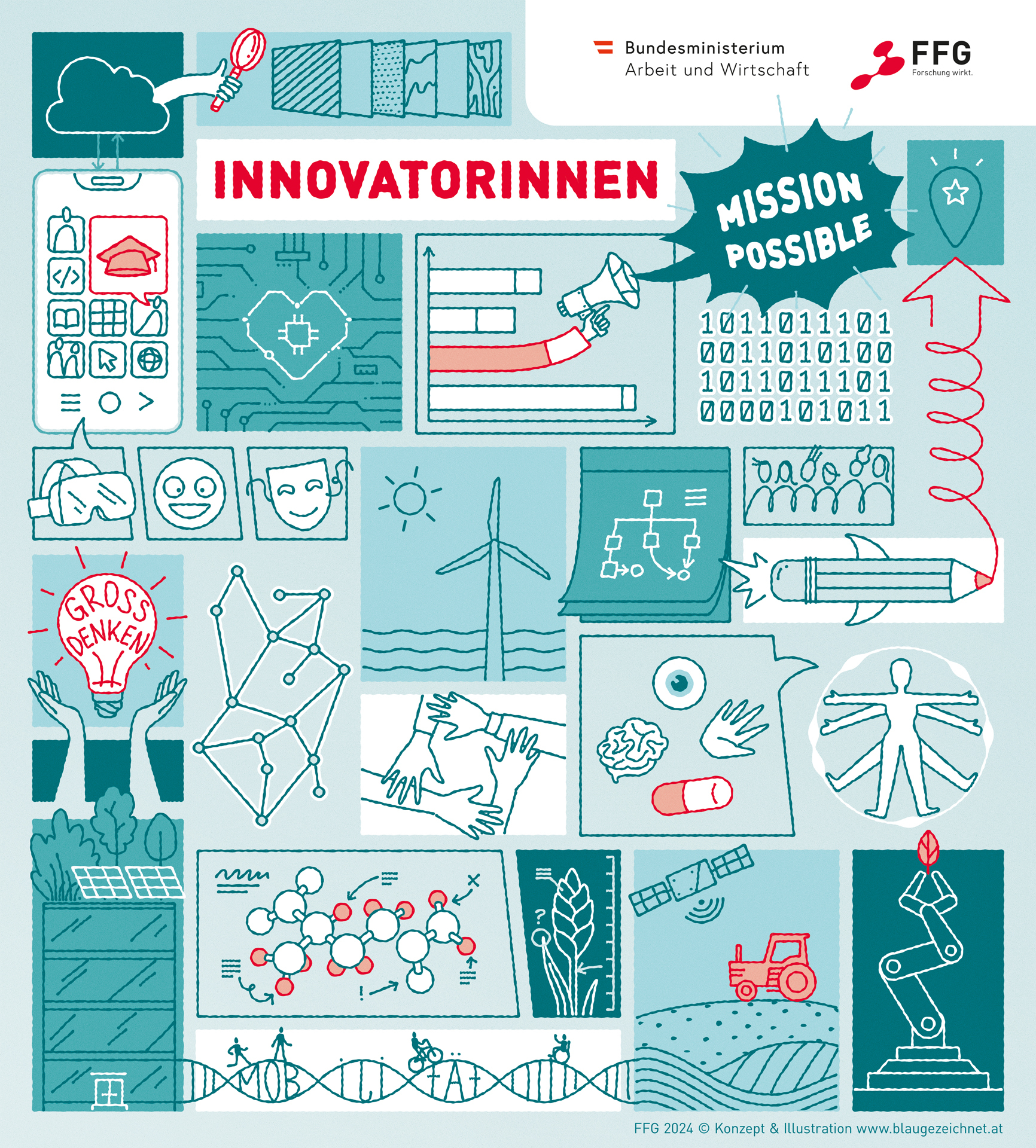 eine blau-weiße Grafik mit verschiedenen elementen